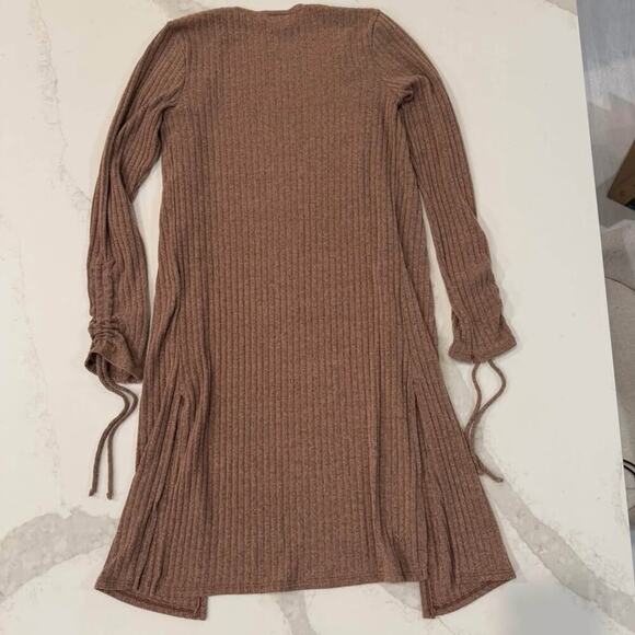 Daytrip Ribbed Flyaway Long Duster Cardigan Sweater Brown Women XS Ruched Sleeve - Picture 6 of 7